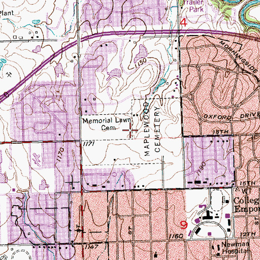 Topographic Map of Maplewood Memorial Lawn Cemetery, KS