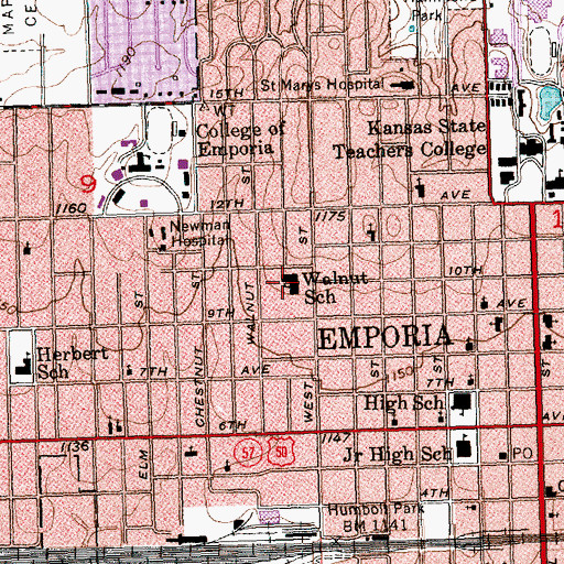 Topographic Map of Walnut Elementary School, KS