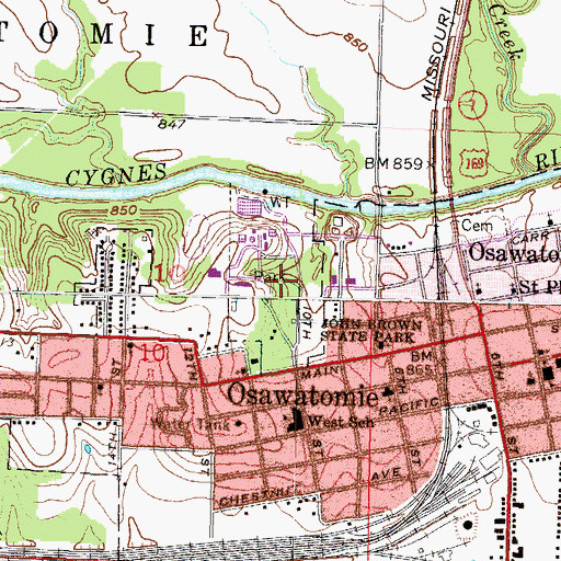 Topographic Map of John Brown State Park, KS