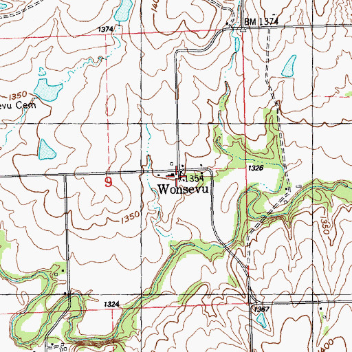 Topographic Map of Wonsevu, KS