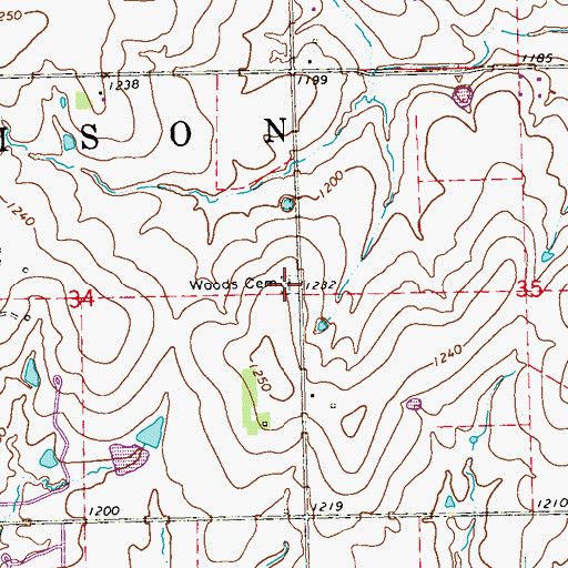 Topographic Map of Woods Cemetery, KS