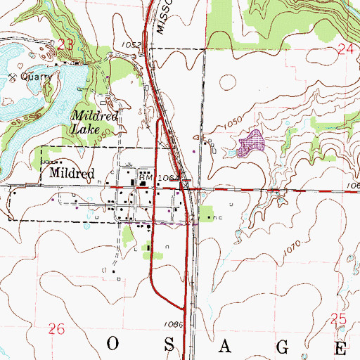 Topographic Map of Mildred, KS