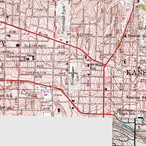 Topographic Map of Woodlawn Cemetery, KS