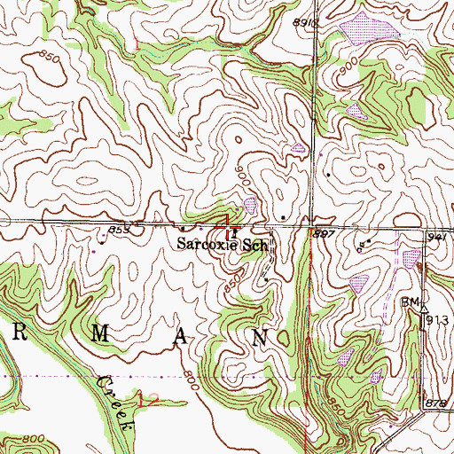 Topographic Map of Sarcoxie School, KS