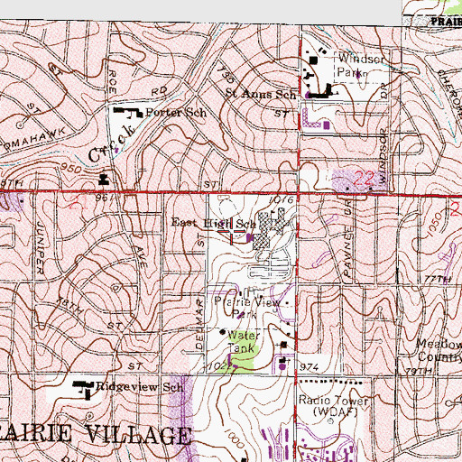 Topographic Map of Prairie Village, KS