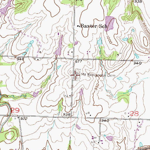 Topographic Map of Evergreen Mound Baxter Cemetery, KS