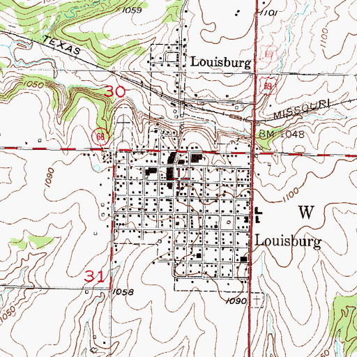 Topographic Map of Louisburg, KS