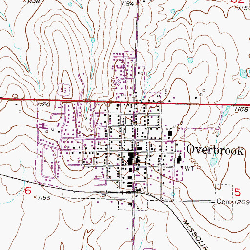Topographic Map of Overbrook, KS
