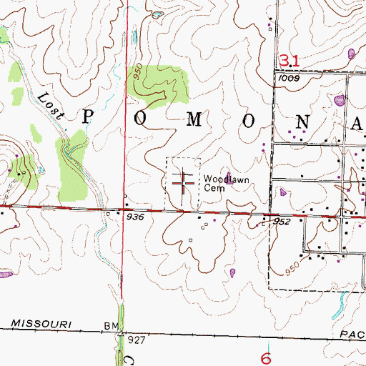 Topographic Map of Woodlawn Cemetery, KS
