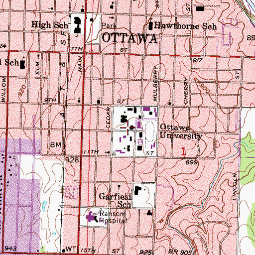 Topographic Map of Ottawa University, KS