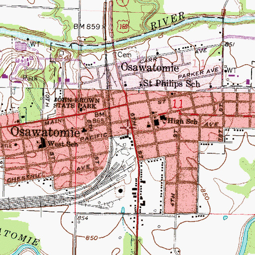Topographic Map of Osawatomie, KS