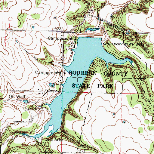 Topographic Map of Bourbon State Fishing Lake and Wildlife Refuge, KS