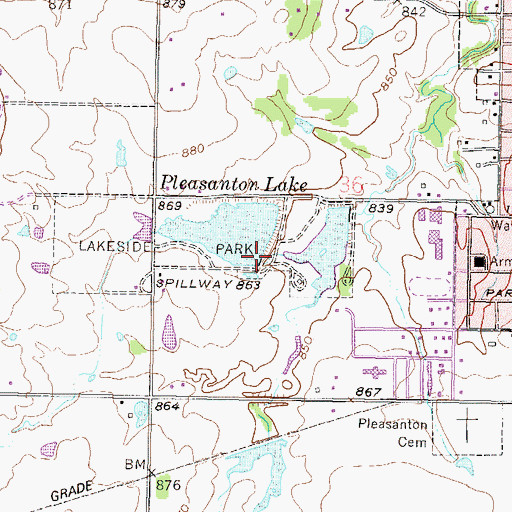 Topographic Map of Pleasanton Lake Dam, KS