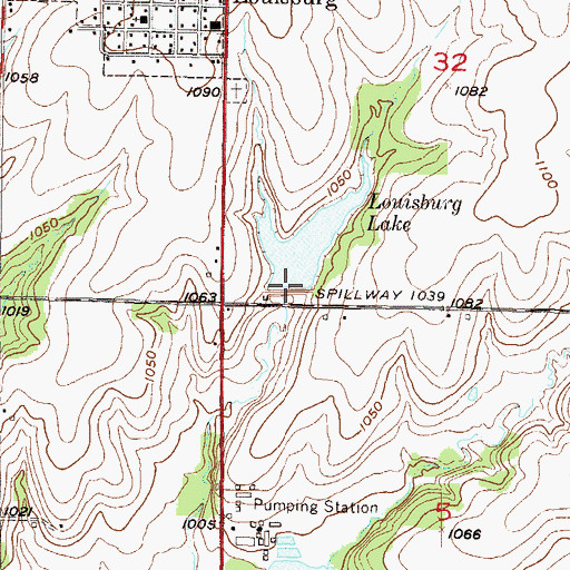 Topographic Map of Louisburg City Dam, KS