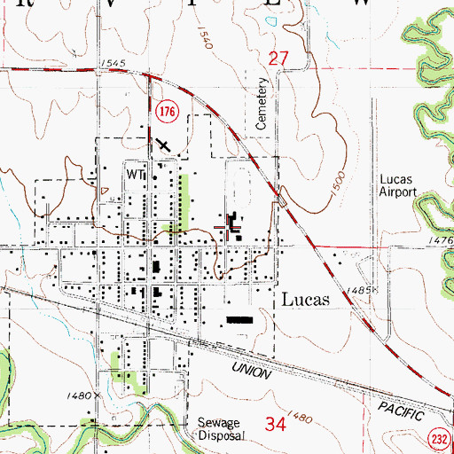 Topographic Map of Lucas - Sylvan Elementary School, KS