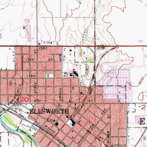 Topographic Map of Ellsworth High School, KS