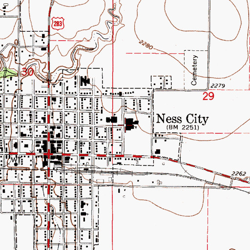 Topographic Map of Ness City Junior / Senior High School, KS