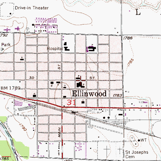 Topographic Map of Ellinwood High School, KS