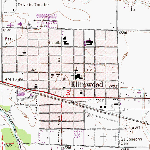 Topographic Map of Ellinwood Middle School, KS