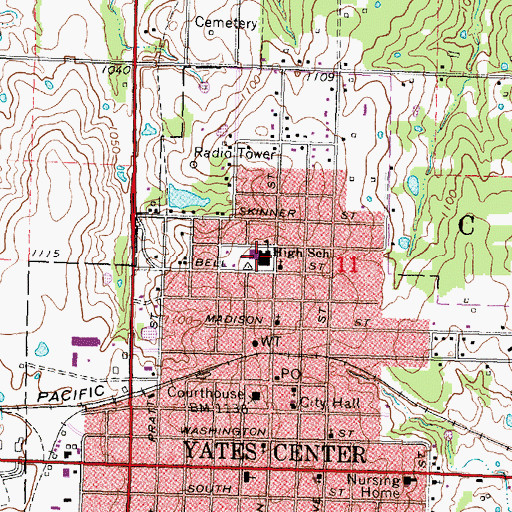Topographic Map of Yates Center High School, KS