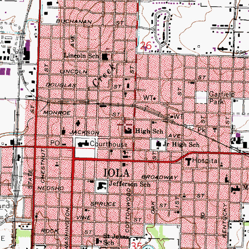 Topographic Map of Iola High School, KS