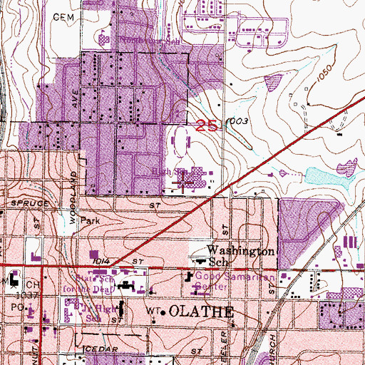 Topographic Map of Olathe North High School, KS