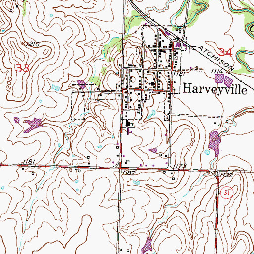 Topographic Map of Harveyville Elementary School, KS
