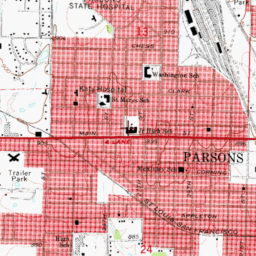 Topographic Map of Parsons Middle School, KS