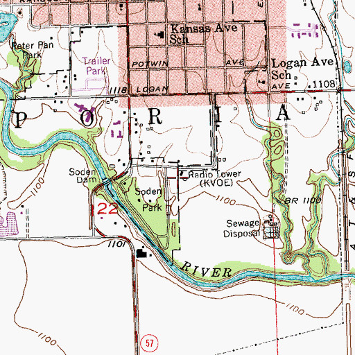 Topographic Map of KVOE-AM (Emporia), KS