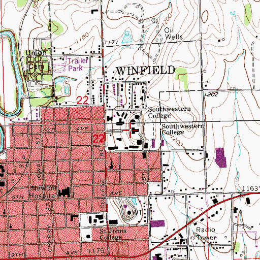 Topographic Map of Southwestern College, KS