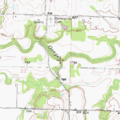 Topographic Map of Moores Branch, KS