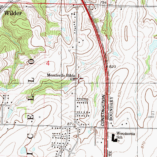 Topographic Map of Monticello Bible Church, KS