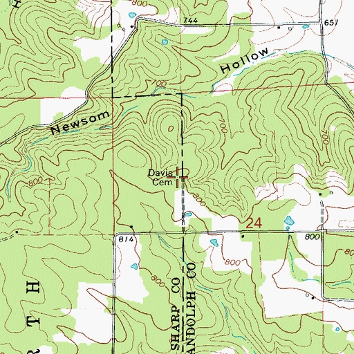Topographic Map of Davis Cemetery, AR