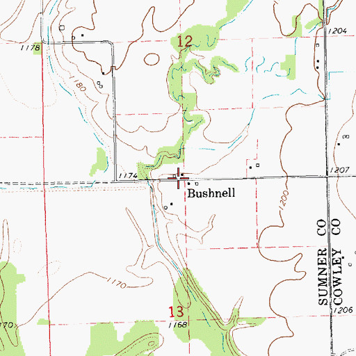 Topographic Map of Bushnell, KS