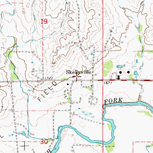 Topographic Map of Skellyville, KS