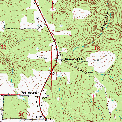 Topographic Map of Dennard Church, AR
