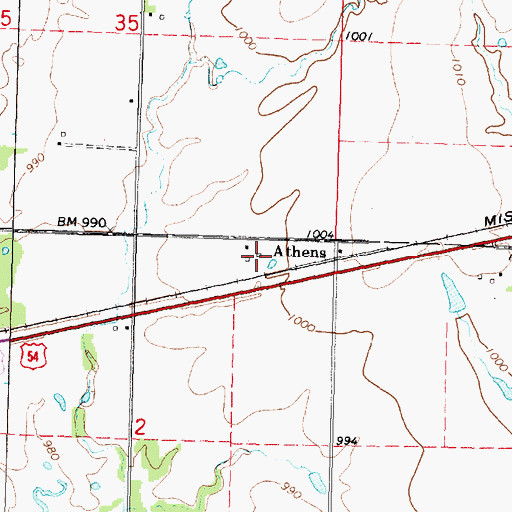 Topographic Map of Athens, KS
