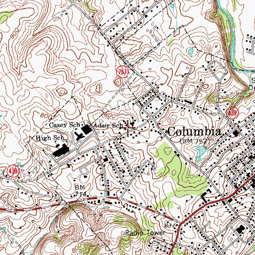 Topographic Map of Adair School, KY