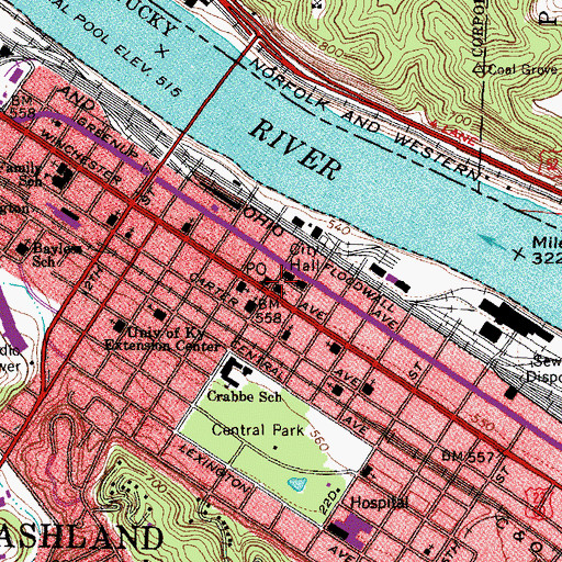 Topographic Map of Ashland, KY