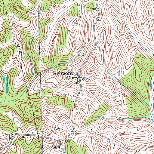 Topographic Map of Belmont Church, KY