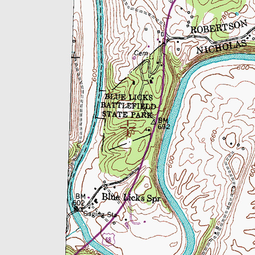 Topographic Map of Blue Licks Battlefield State Park, KY