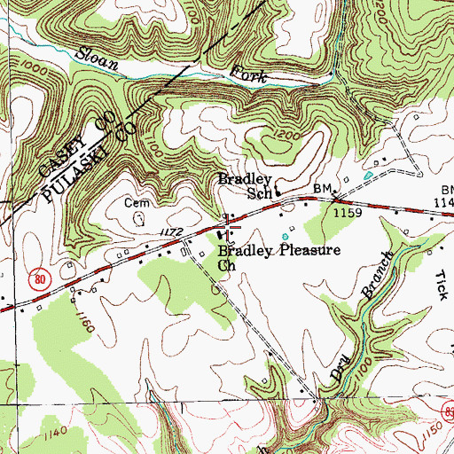 Topographic Map of Bradley Pleasure Church, KY
