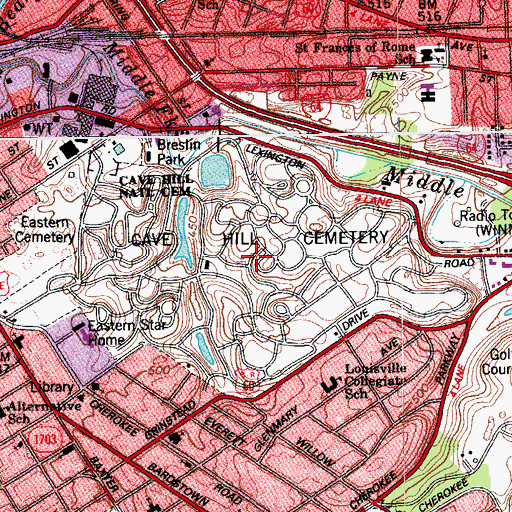 Topographic Map of Cave Hill Cemetery, KY