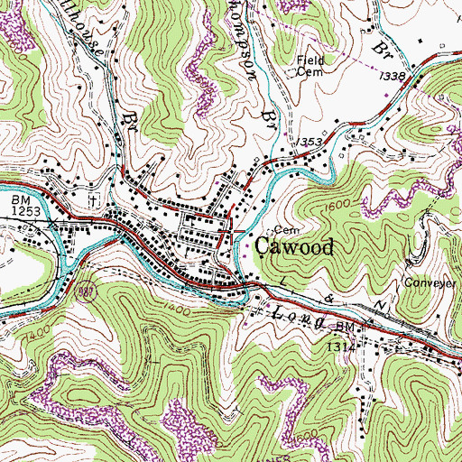 Topographic Map of Cawood, KY