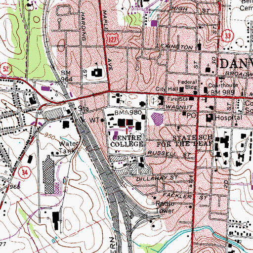 Topographic Map of Centre College, KY