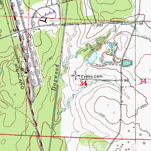 Topographic Map of Evans Cemetery, AR