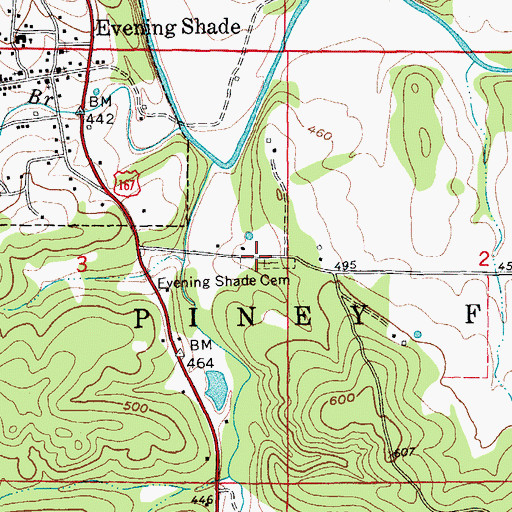 Topographic Map of Evening Shade Cemetery, AR