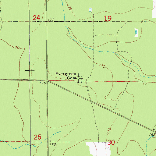 Topographic Map of Evergreen Cemetery, AR