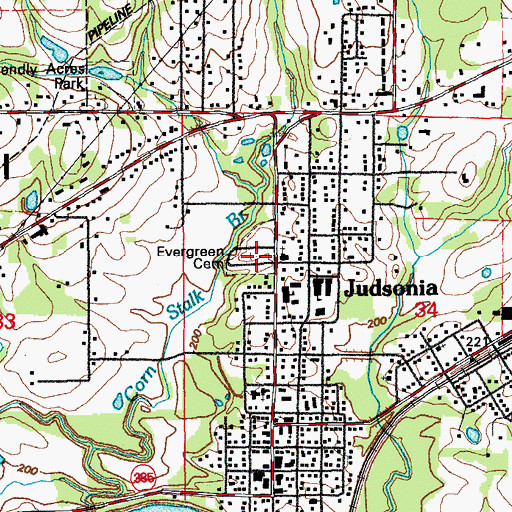 Topographic Map of Evergreen Cemetery, AR