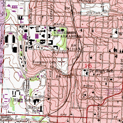 Topographic Map of Evergreen Cemetery, AR